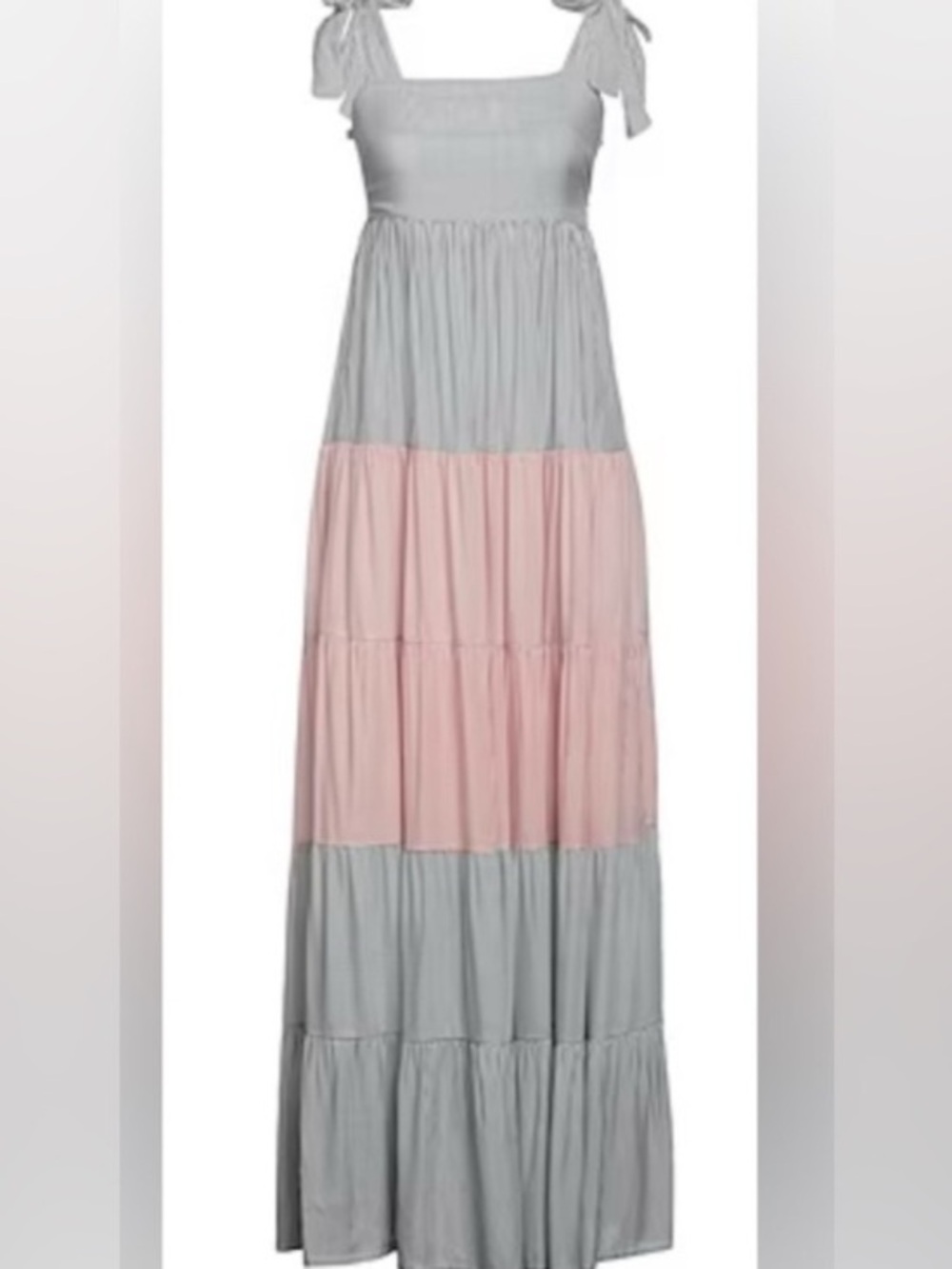 SOALLURE Gray & Blush Mini Stripe Tiered Maxi Sundress with Tie Straps: Size 6